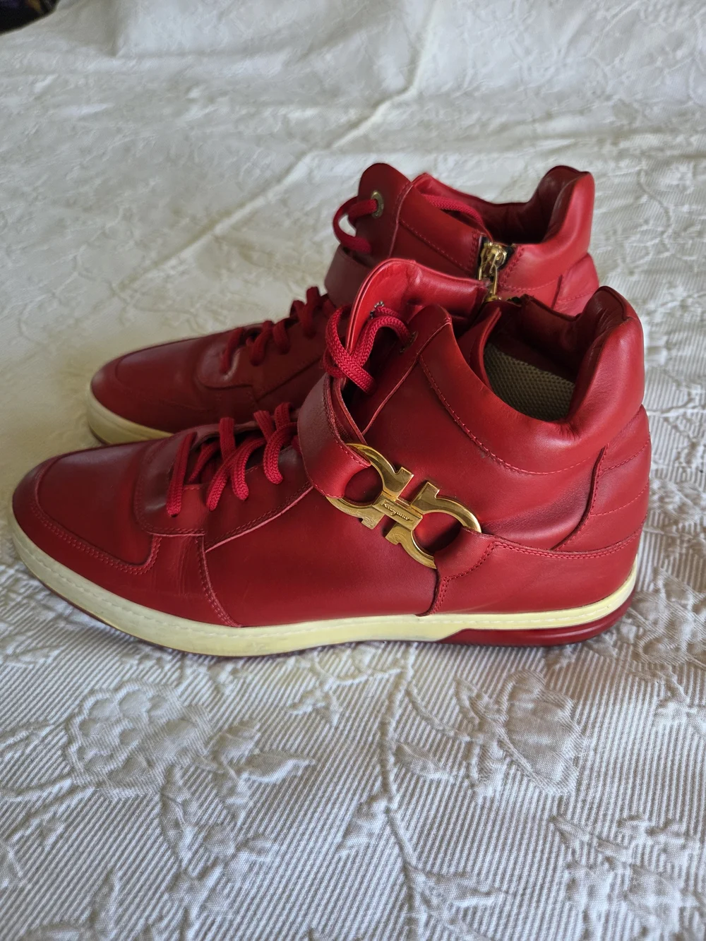 Salvatore Ferragamo | Nayon Red Leather High-Top Sneaker with Gold Logo